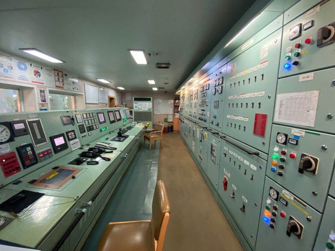 Broadcast control room with monitors and mixing console